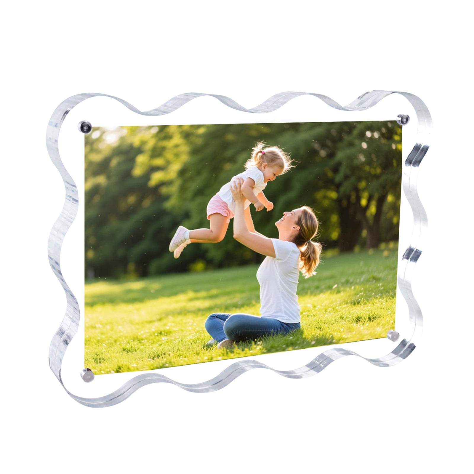 Acrylic Picture Frame, 4x6inch Magnetic Picture Frames, Double Sided Magnet Frames,10+10mm Thick Block, Clear Photo Scalloped Frames Freestanding for Desktop Display