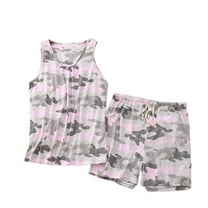 Defitshape Women's Cute Pajama Set Sleevelss Shorts Pi Sleep Cotton Loungewear Printed Elastic Comfy Band Loungewear Pink X-Large