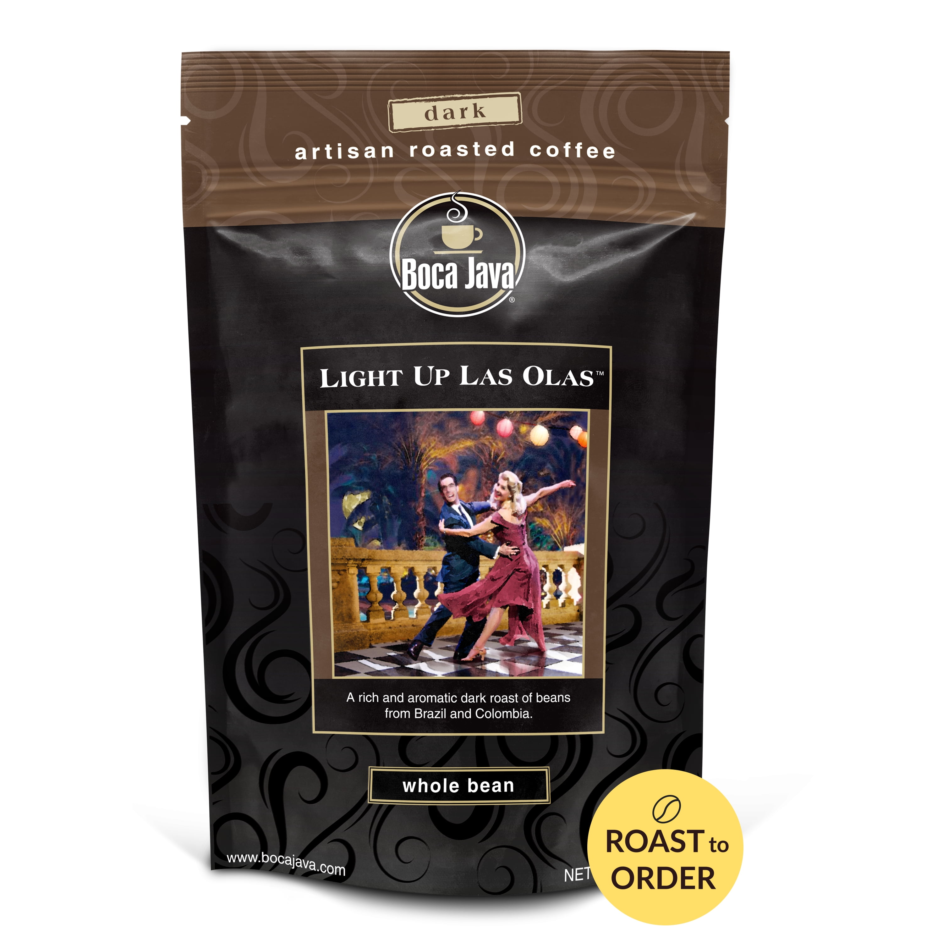 Boca Java Light Up Las Olas Whole Bean Coffee, Dark Roast, 8 oz. Bag, 100% Arabica, Roast to Order
