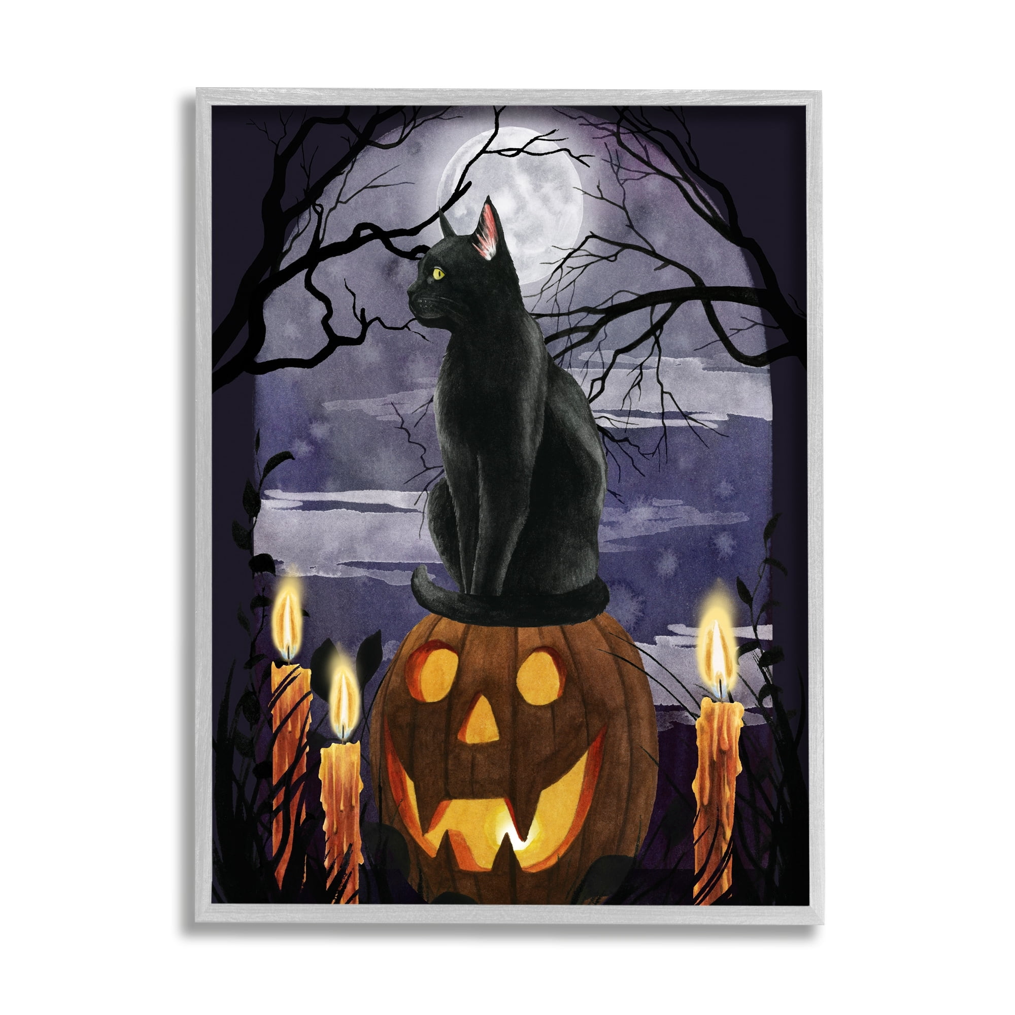 Stupell Industries Full Moon Halloween Night Spooky Black Cat Jack-o'-lantern, 24 x 30, Design by Grace Popp