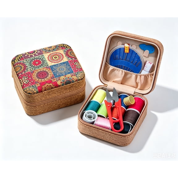 Vintage Wood Print Mini Sewing Kit, Portable Travel Sewing Box with 11 Colors Thread, Needles Scissors Tape Measure, Emergency Sewing Supplies for Travel Home DIY, Fantasy Fish Pattern