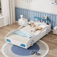 thumbnail image 2 of Kumix Platform Bed Twin Size, Car-Shaped Platform Bed with Wheels and Guardrail for Kids Teens Boys and Girls, Wooden Race Car Bed for Bedroom, No Box Spring Needed, Noise-Free, White & Blue, 2 of 7