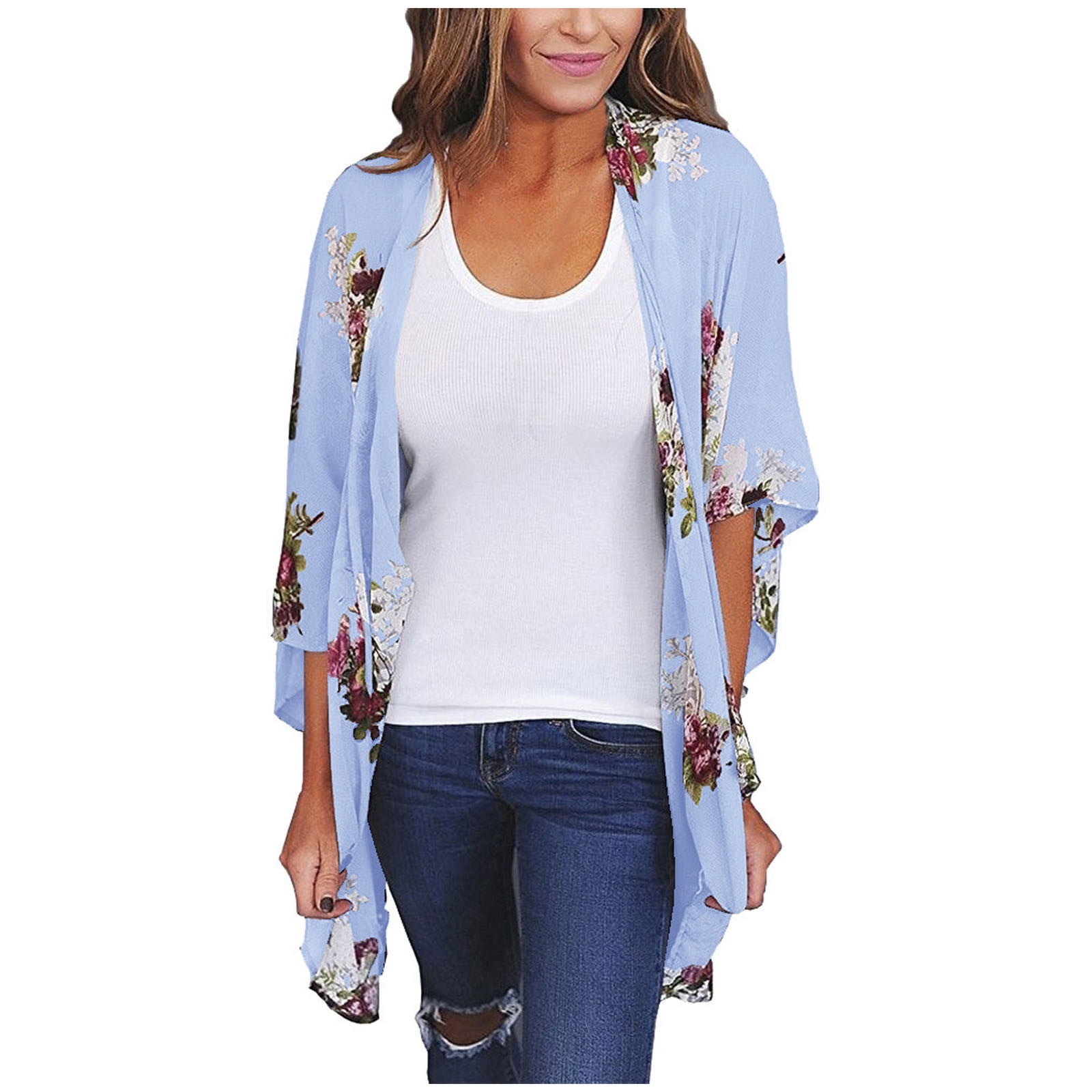 Short Sleeve Shirts for Women Dressy Casual Floral Print Shawl Cardigan  Fall Open Front Cover Up Chiffon Blouses Tops - Walmart.com