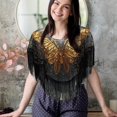 thumbnail image 7 of Women's Fringed Sequined Mesh Cropped Round Neck Shawl Casual Versatile Tassel Cape Small Outer Wear Wrap,Black gold, 7 of 7