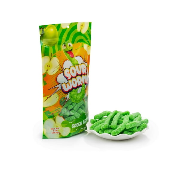 FirstChoiceCandy Sweet & Sour Gummy Worms, Multi Flavors and Solid Colors (1 Pound, Sour Green Apple)