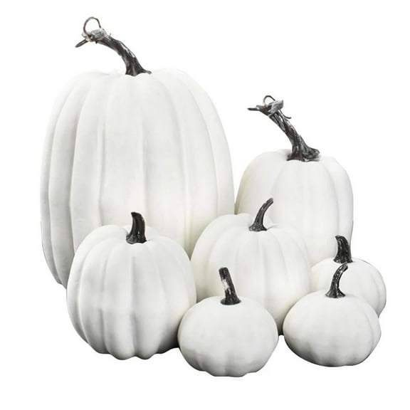 7PCS Fake Pumpkins White Orange, Fall Artificial Pumpkins for Decoration Different Sizes, Halloween Thanksgiving Autumn Harvest DIY Foam Pumpkin Indoor Outdoor Home Decor