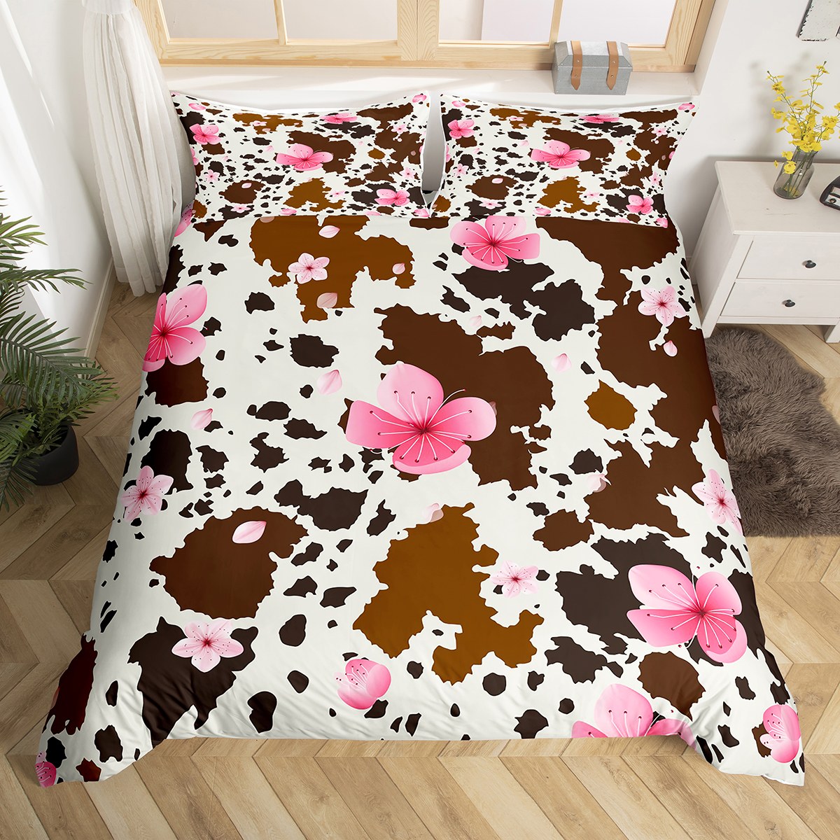 Cowhide Bedding Set Pastel Pink Cherry Blossom Comforter Cover for Boys