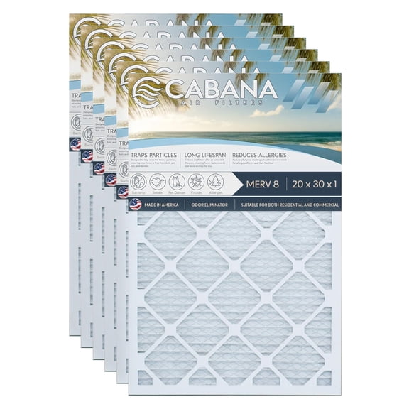 Cabana Filters 20 x 30 x 1 HVAC Furnace Air Filter Replacement, MERV 8, 6 Pack