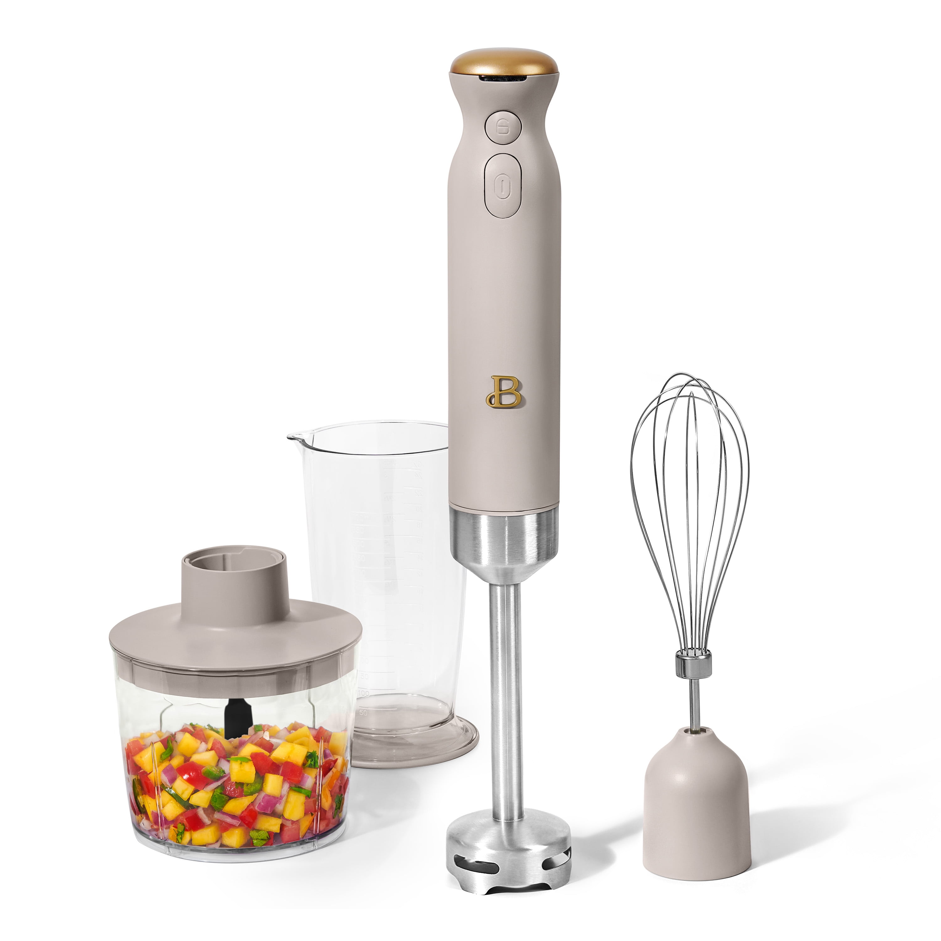 Beautiful Cordless Immersion Blender with Chopper, Whisk & Measuring Cup, Porcini Taupe by Drew Barrymore