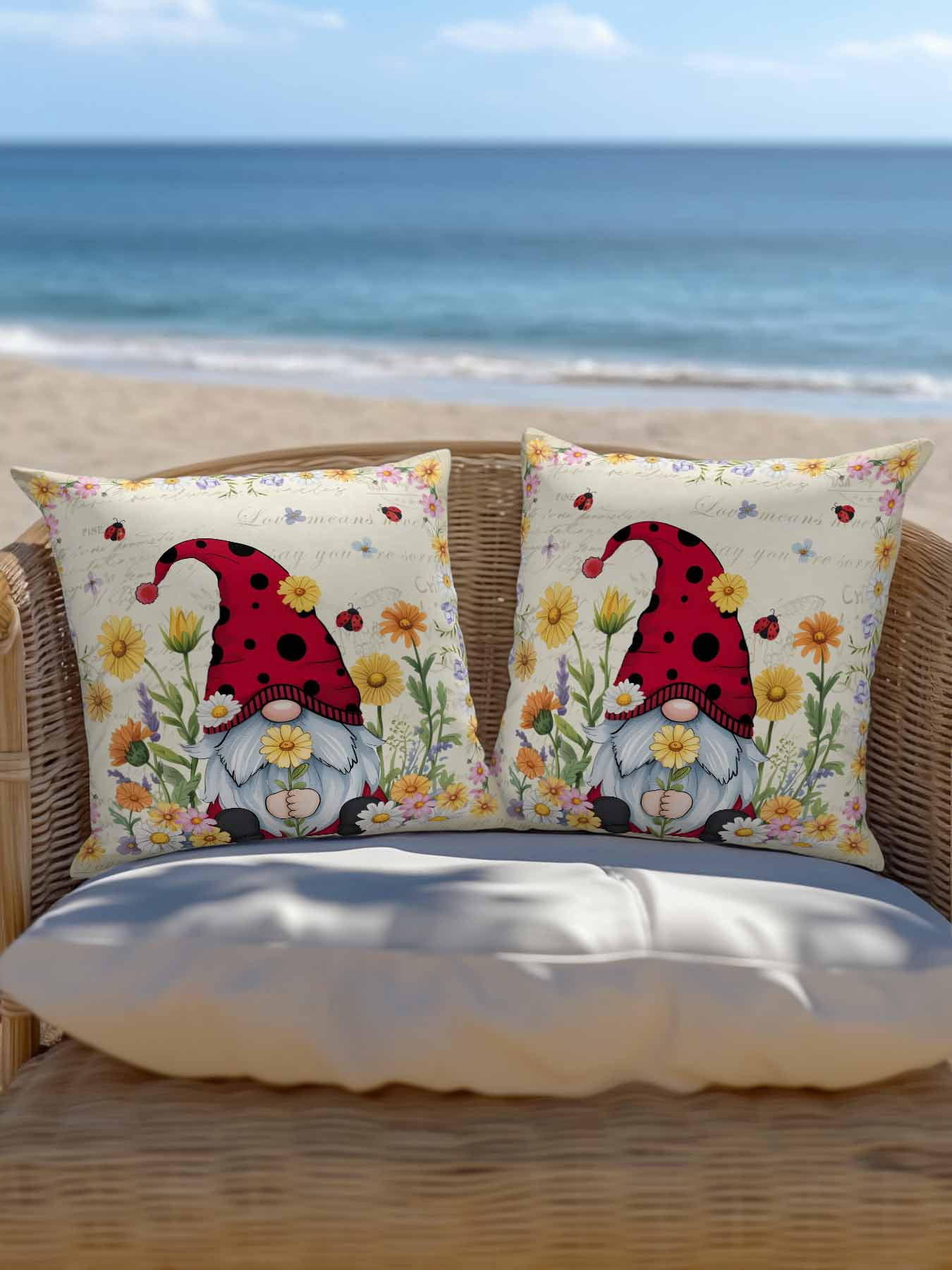 Outdoor Pillows Waterproof, Vintage Gnomes Bedding Throw Pillows with Insert for Couch Sofa Bed, Rustic Pastoral Daisy Botanical Floral 16x16 Inch Pillowcases Decorative Patio Pillow Set of 2