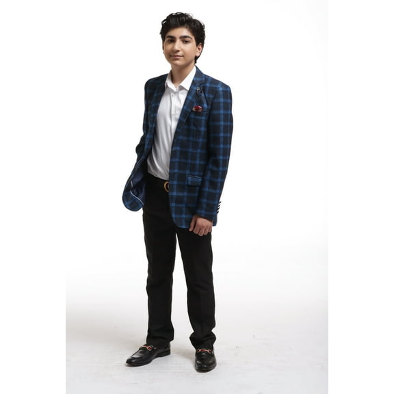 Elie Balleh Navy Wild Royal Plaid Boy's Blazers Sports Coat Jacket