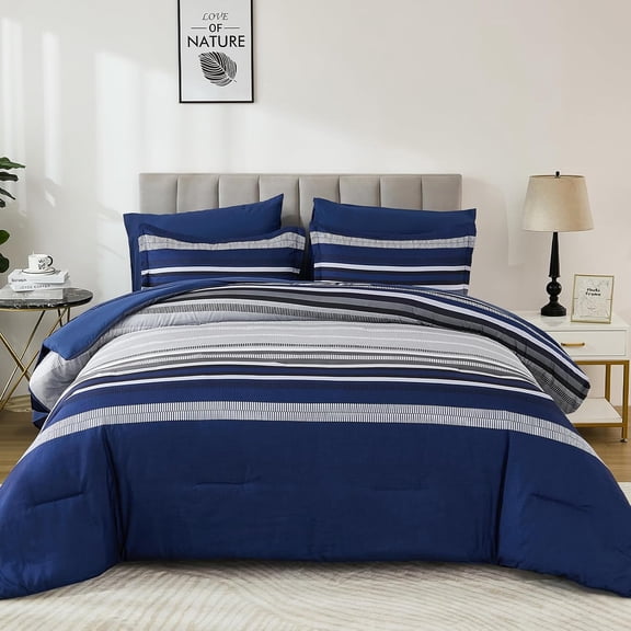 Navy Blue Queen Comforter Set 7 Pieces, Boho Striped Bed in a Bag Queen Size Soft Microfiber All Season Bedding Set with Comforter, Sheets, Pillowcases & Shams