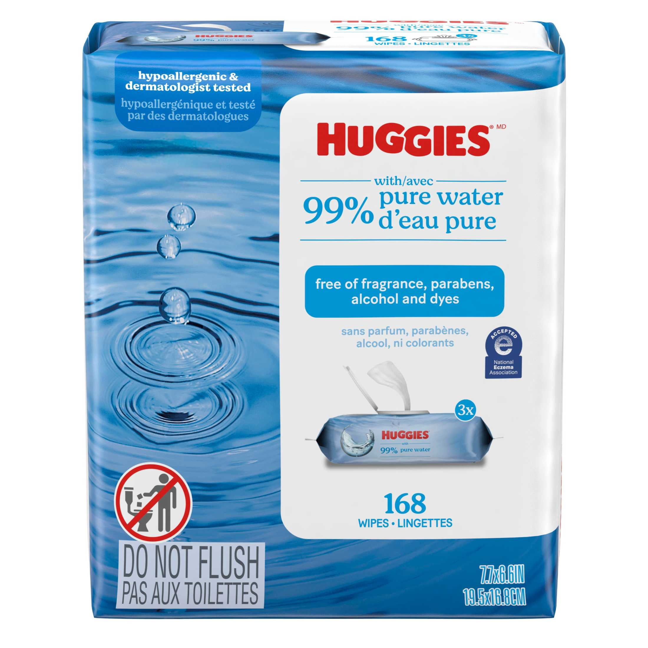 Huggies 99% Pure Water Unscented Wipes, 3 Flip-Top Packs, 168 Total Count