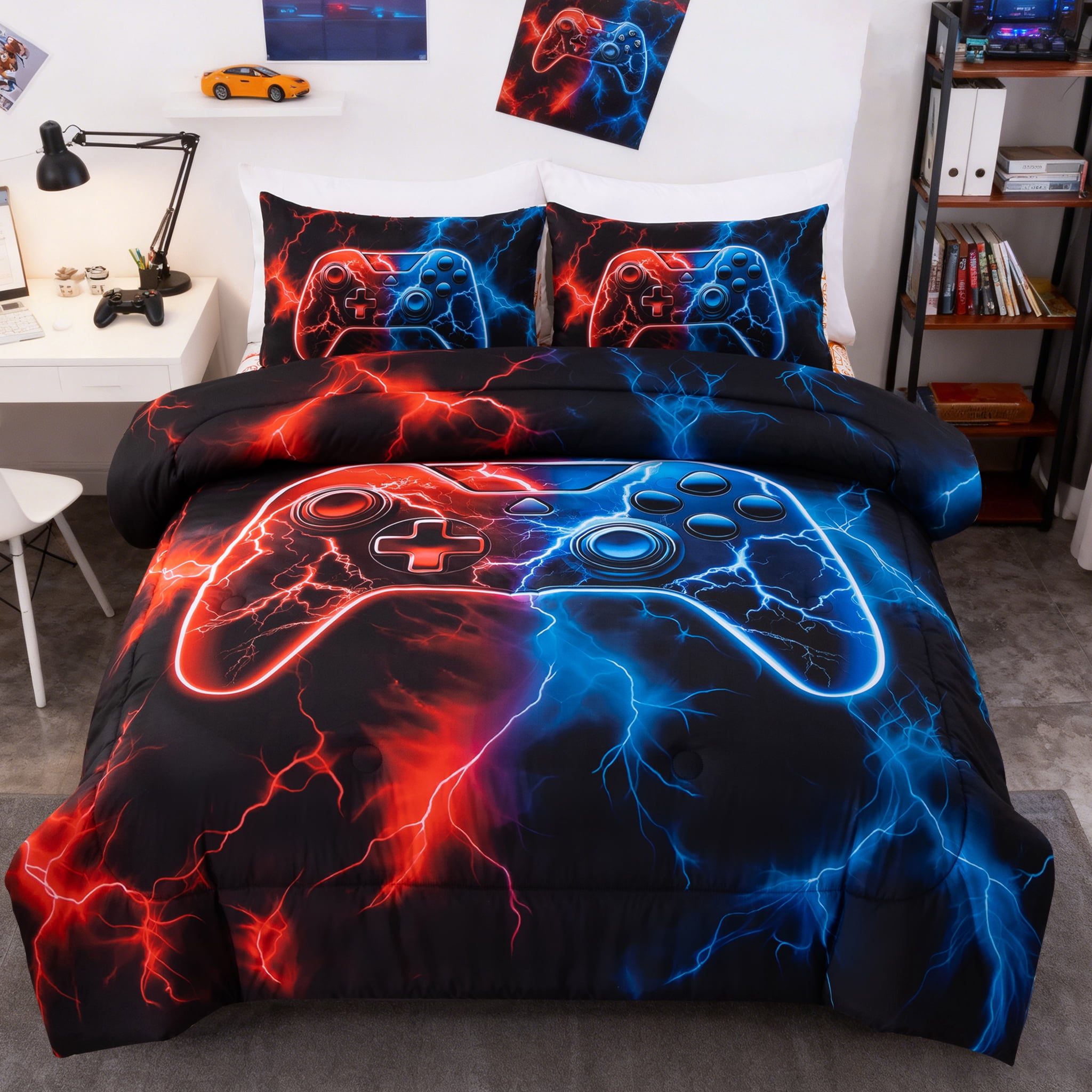 Btargot 3 Piece Lighting Game Red Blue Comforter Set Twin Neon Gamepad Kids Boys Bedding Set
