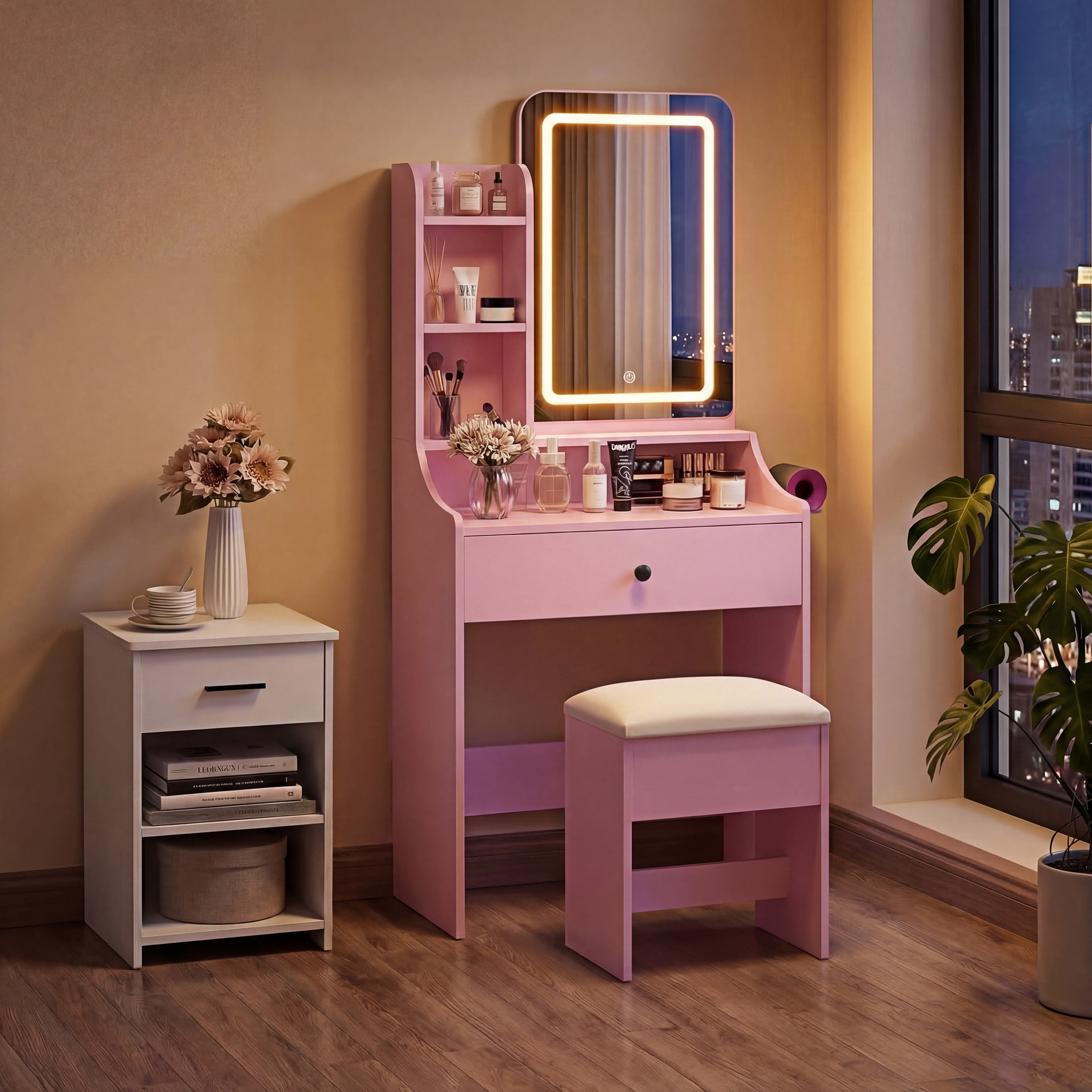EDX 24" Makeup Vanity Table and Chair Set,  Modern Vanity Desk with Mirror,  Power Outlets&3 Lighting Modes,  Pink