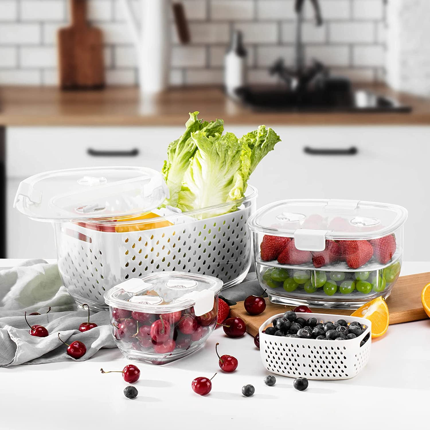 Fresh Produce Vegetable Fruit Storage Containers 3Piece Set, BPA-free, Partitioned Salad Container, Fridge Organizers, Used in Storing Fruits Vegetables, White