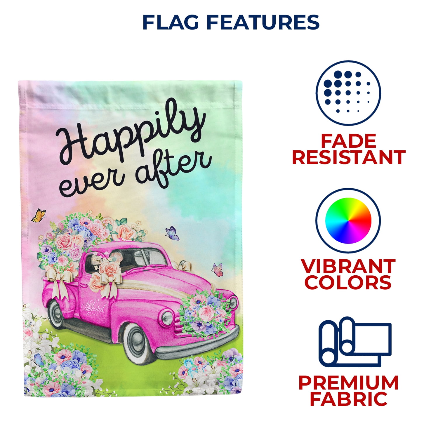 America Forever Happily Ever After Wedding House Flag 28 x 40 inch Double Sided, Floral Pink Pickup Truck Marriage Decor, Welcome Bride & Groom, Wedding, Engagement, Bridal Shower Flag