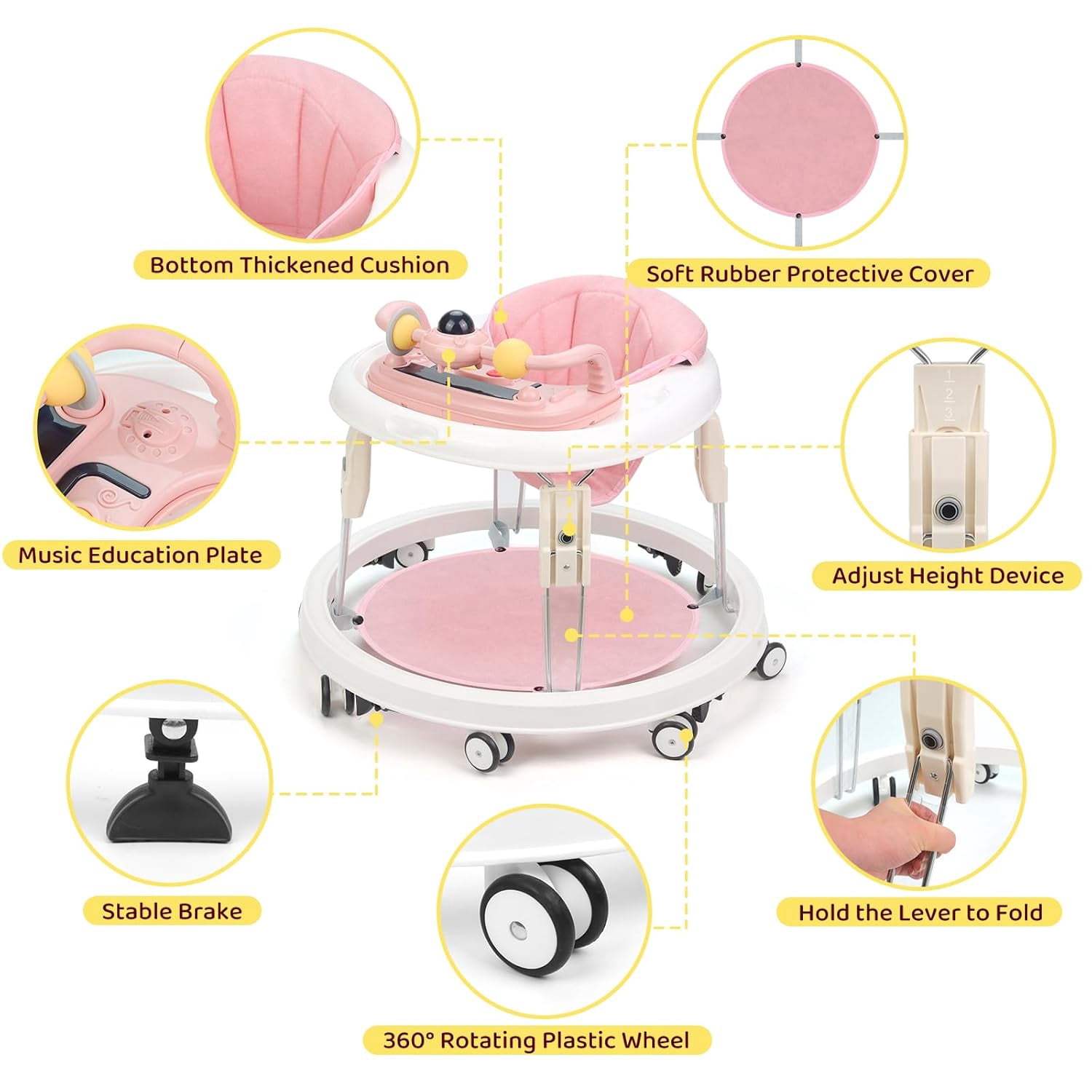 PRVAETU Foldable Baby Walker Activity Center W/ Music Toy,Wheels,Height Adjustable,Foot Pad for 6-18 Months Babies Infant Boys Girls,Pink