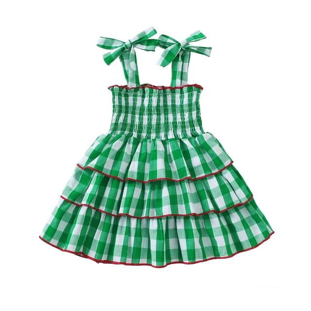 Girls Tiered Ruffle Sun Dress With Bow Tie Straps For Toddlers And Kids In Plaid Pattern Casual Summer Dress For Everyday Wear