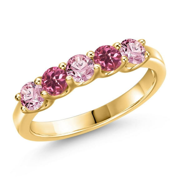 Gem Stone King 18K Yellow Gold Plated Silver Pink Lab Grown Diamond and Pink Tourmaline Wedding-Bands Ring for Women | 0.84 Cttw | Round 3.5MM | Gemstone April Birthstone | Size 6