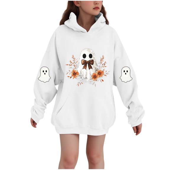 SERTG Children Halloween Printed Hooded Tops Long Sleeved Sweatshirt with Pockets Fleece Top Hooded Sweatshirt for Girls 3-14 Years(White,9-10 Years)
