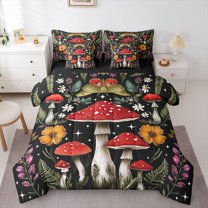 Manfei Red Mushroom Bedding Comforter Set 7 Pieces for Female Men,Chic Floral Flowers Full Bedding Set Lightweight,Exotic Style Fitted Sheet Flat Sheet,Ultra Soft Home Decor,Reversible