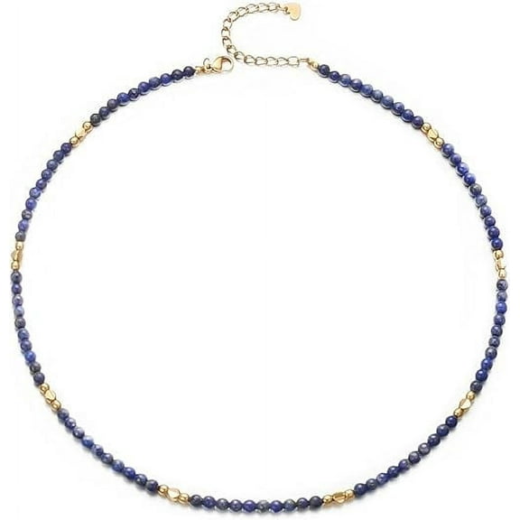 Aleasha Lapis Lazuli Necklace Boho Blue Stone Beaded Choker Necklace for Women September Birthstone Handmade Summer Jewelry