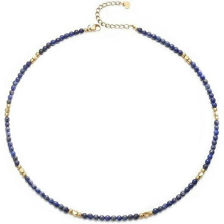 Aleasha Lapis Lazuli Necklace Boho Blue Stone Beaded Choker Necklace for Women September Birthstone Handmade Summer Jewelry
