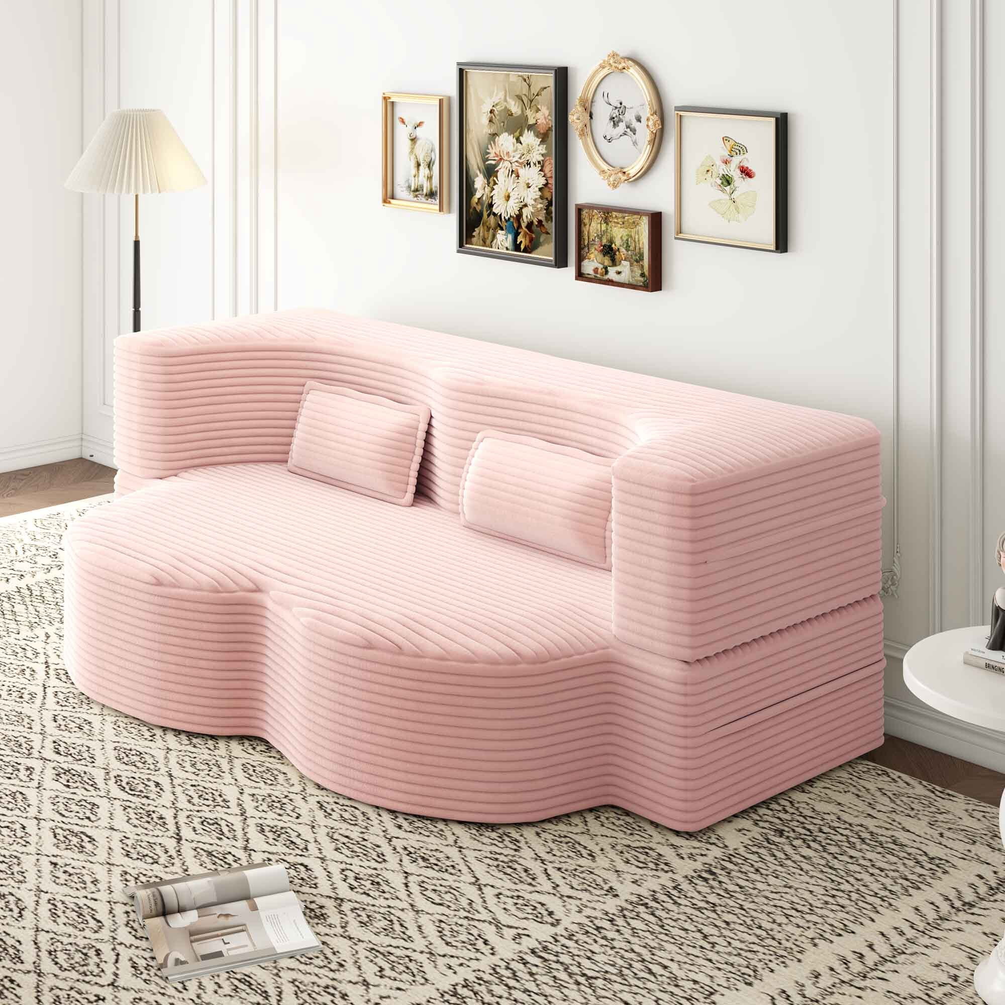 Lunale Full Size Convertible Sofa Bed, Boneless Cloud Couch, Folding Floor Sleeper Sofa for Living Room, Pink Corduroy