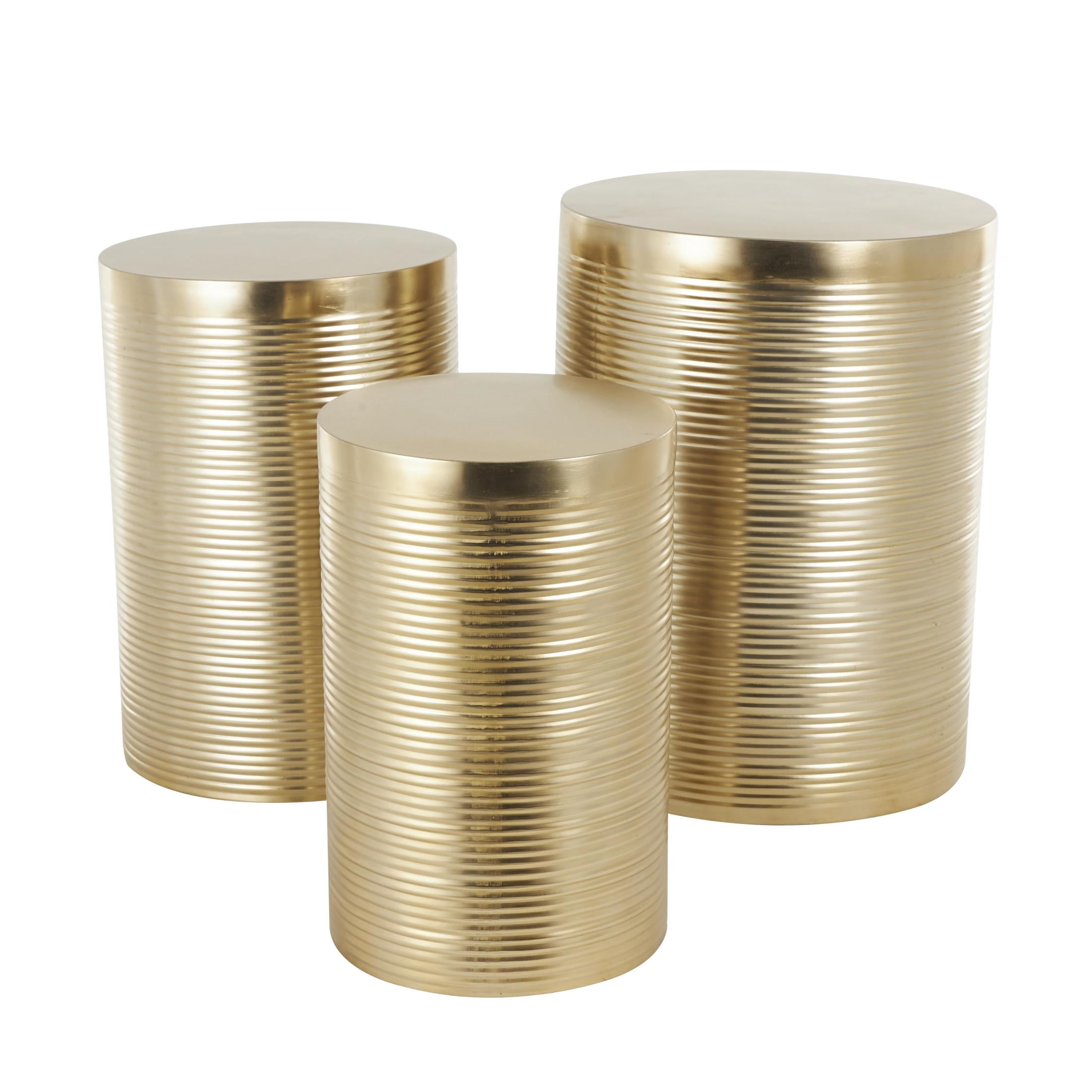DecMode 18" x 24" Gold Metal Metallic Ribbed Drum Accent Table, 3-Pieces