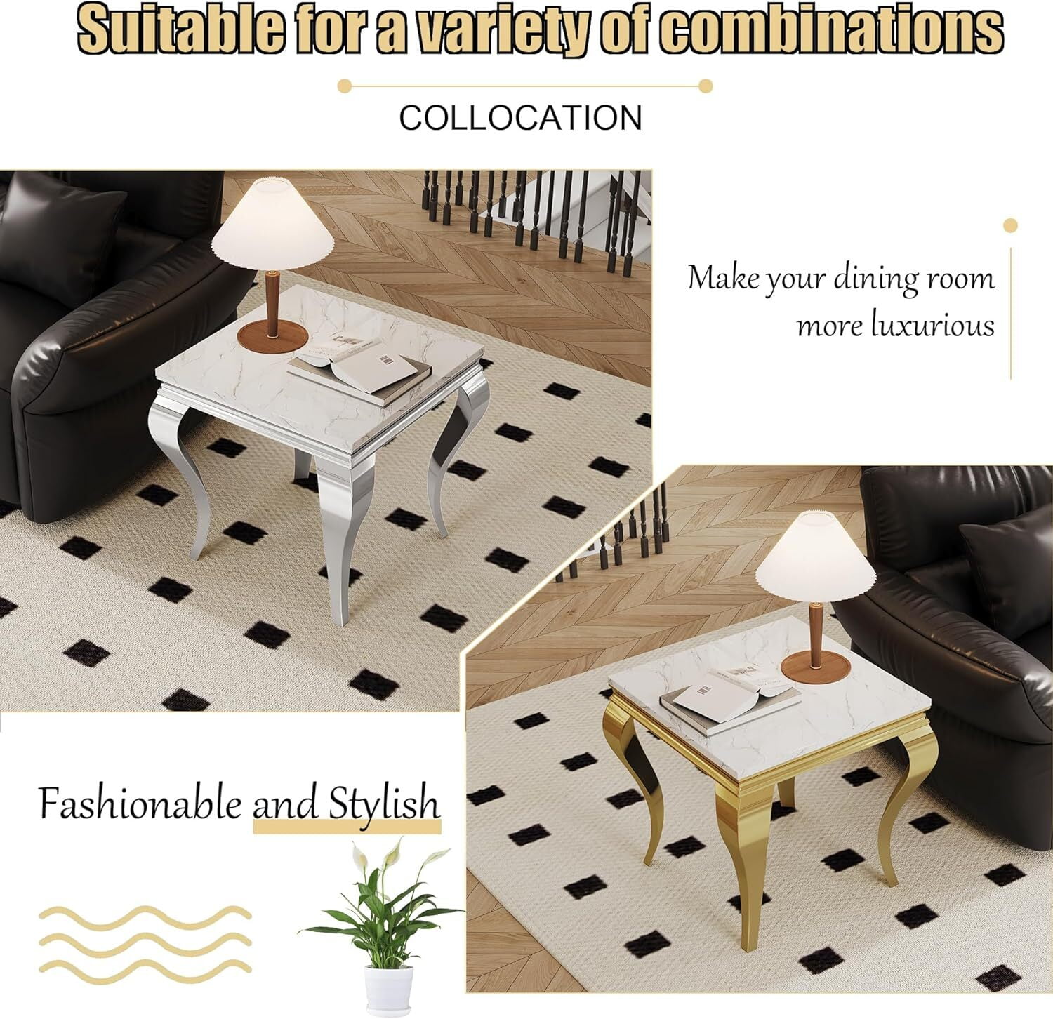 22.83" Square Faux Marble End Table, Marble-Patterned Top with Gold Mirrored Stainless Steel S-Shaped Legs, for Hallway, Living Room, Bedroom