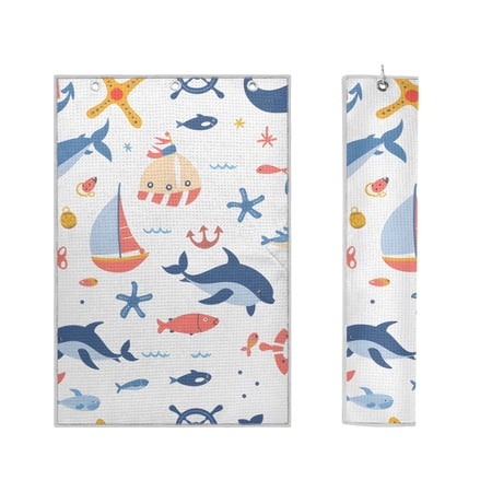 Haosy 2 Pack Magnetic Golf Towel Absorbent Microfiber Waffle Pattern Carabiner Clip Golf Towel 16" x 24", Dolphin Sailboat Starfish Fish