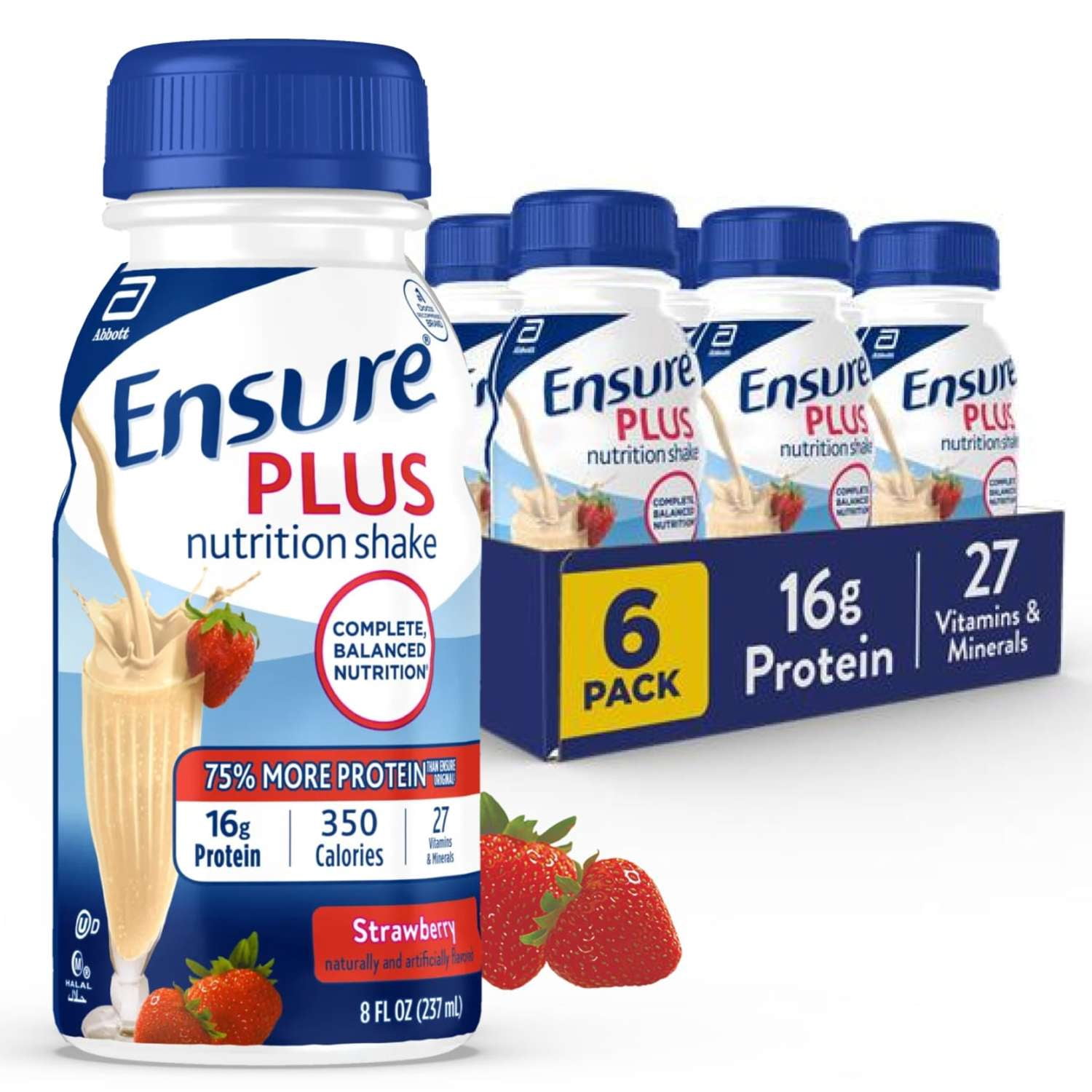 (2 pack) Ensure Plus Meal Replacement Nutrition Shake, Strawberry, 16g Protein, 8 fl oz - 6 Pack