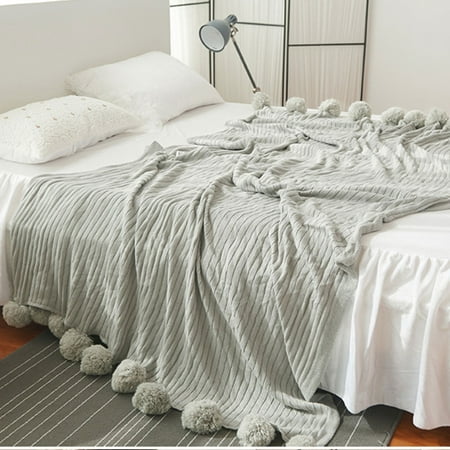 Graphic Knit Blanket - 100x105cm Soft Reversible Pom Pom Cotton Knit Blanket Bed Sofa Knitted Rug Throw 39''x41''