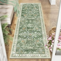MJIAexp 2'x6' Boho Runner Rug,Non Slip Washable Floral Hallway Runner Rug with Rubber Backing, Low Pile Faux Wool Distressed Carpet for Kitchen, Laundry, Bedroom, Entrance,Green