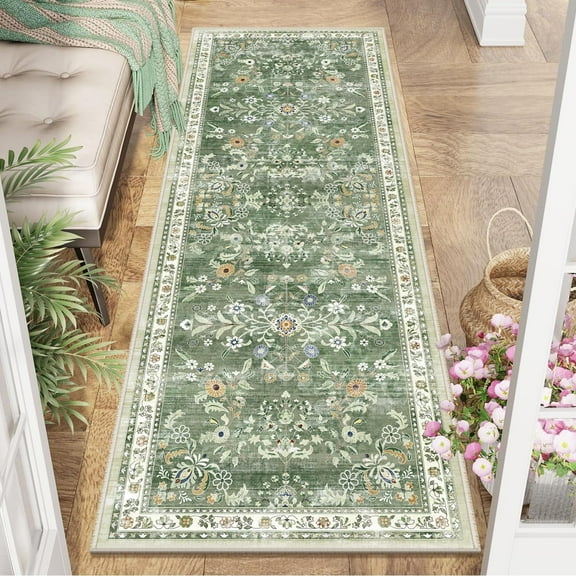 MJIAexp 2'x6' Boho Runner Rug,Non Slip Washable Floral Hallway Runner Rug with Rubber Backing, Low Pile Faux Wool Distressed Carpet for Kitchen, Laundry, Bedroom, Entrance,Green