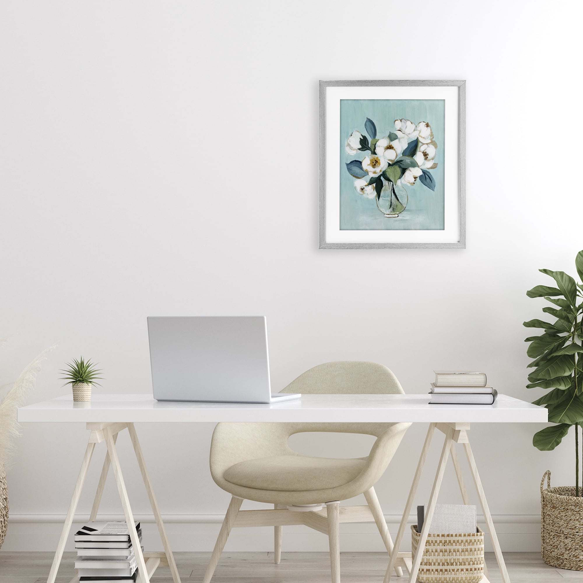 Stupell Industries Magnolia Arrangement over Blue Gray Framed Print Under Glass, design by Janet Tava
