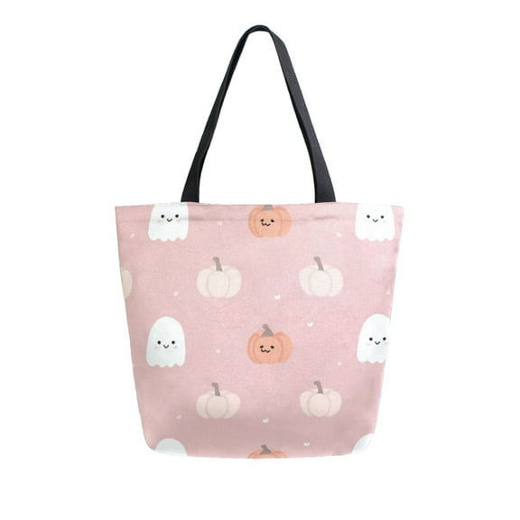 Open Top Canvas Tote Bag with Zipper Reusable Shopping Bag 13.5x15" Roomy Carryall Pink Cartoon Ghosts and Pumpkins