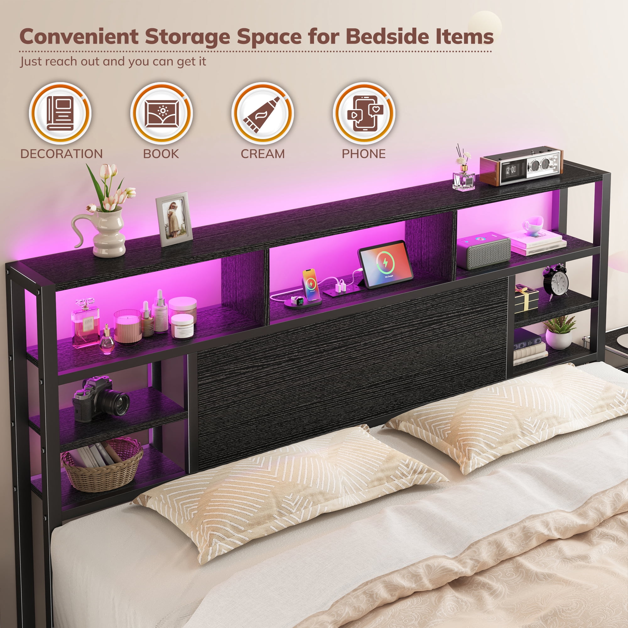 EnHomee Metal Platform Bed Frame with Headboard King Size Bed Frame with 4-Tier Storage Shelf & 3 Open Compartments & LED Lights & Charging Station ,Black