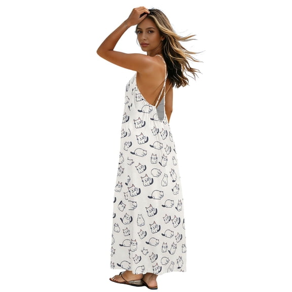 Women Summer Sleeveless Dresses Cat White Flowy Casual Beach Sundress