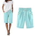 thumbnail image 2 of vigerkar Women's Elastic Waist Knee Length Casual Cotton Bermuda Shorts with Drawstring Mint Green, L, 2 of 6