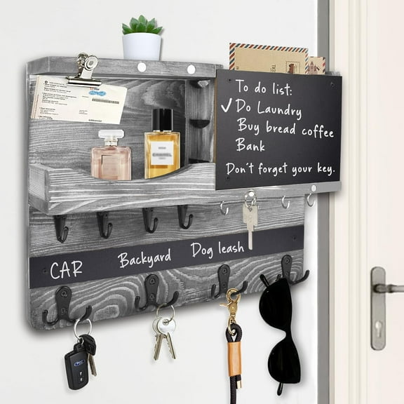 Key Holder for Wall Mount, Farmhouse Mail and Key Holder for Wall Hanger with Various Hooks, Home Decor Rack with Chalkboard and Shelf (Pine Wood,Washed Gray)