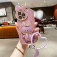 thumbnail image 6 of Cute Bunny Hidden Stand iPhone 13 Pro Max Case, Plating Bumper Shockproof Mirror Bracket Phone Case with Rabbit Ear Lens, 3D Rabbit Case with Heart Chain Bracelet for Women, Girl - Blue, 6 of 9