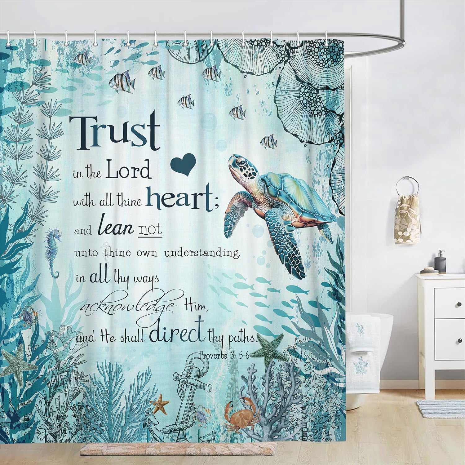 Veigike Sea Turtle Bible Verse Polyester Shower Curtain, 70" x 70"