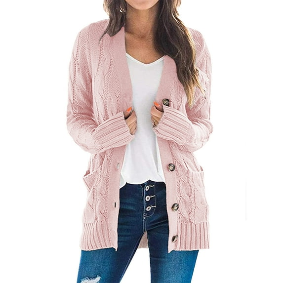 Women's Long Sleeve Twist Cable Knit Sweater ALS Supplies Open Front Cardigan Coat Button Loose Outerwear with Pockets