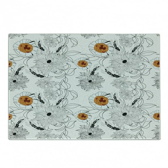 Floral Cutting Board, Simplistic Flower Petals Nature Beauty Florets Growth Illustration, Decorative Tempered Glass Cutting and Serving Board, Small Size, Pale Blue Orange, by Ambesonne