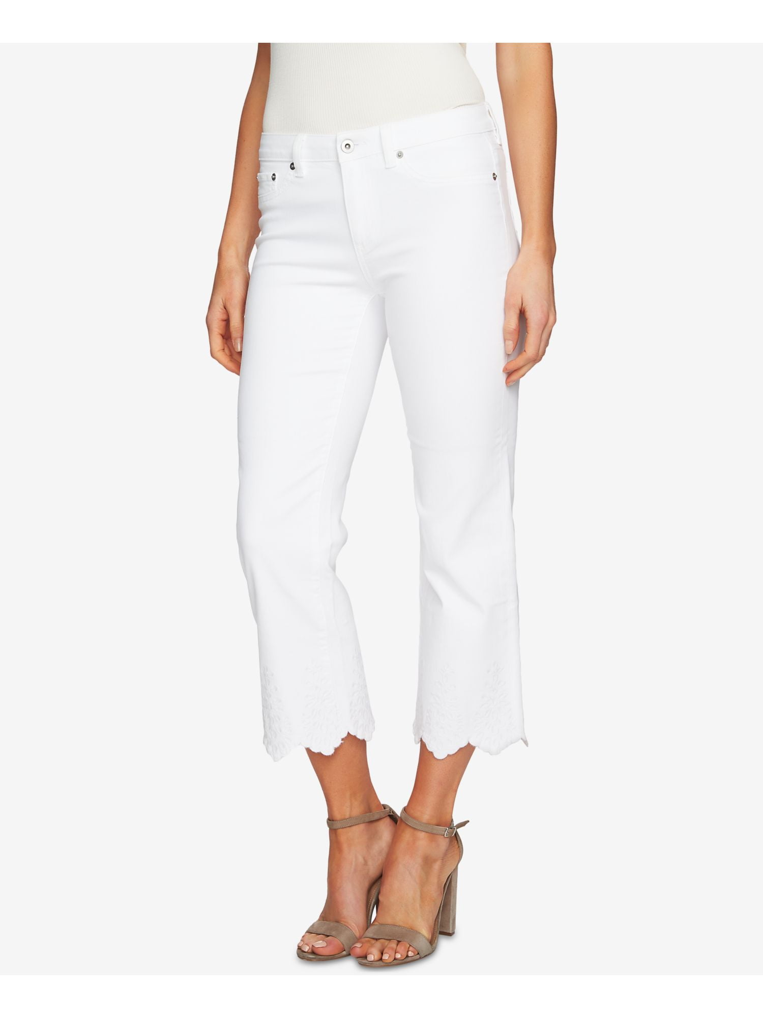 white embroidered jeans