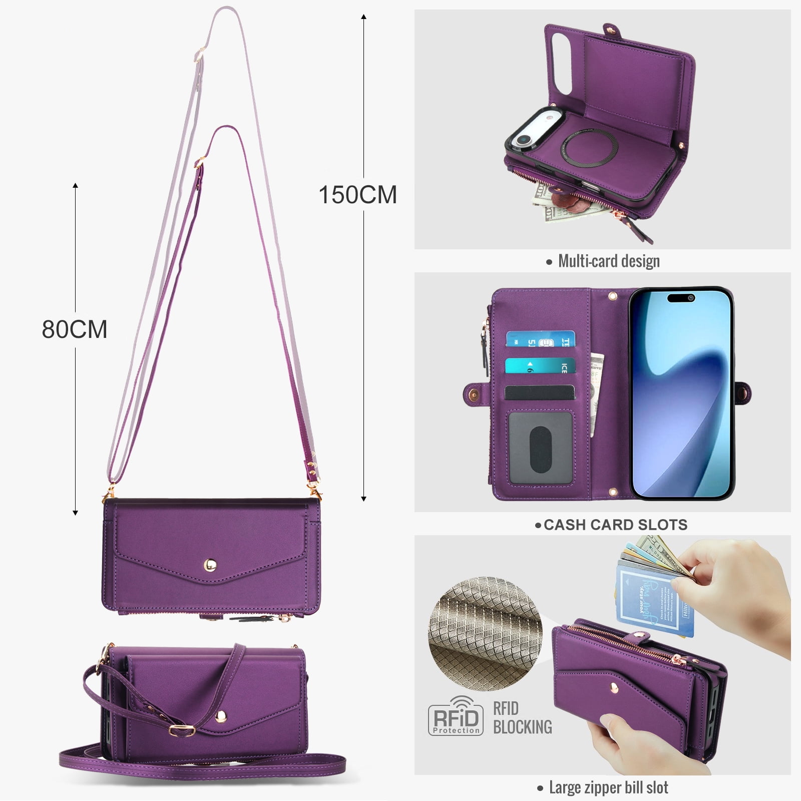 Designed for iPhone 17 Air Multi-Function Wallet Phone Case,With Shoulder Strap&Wrist Strap,Cash Pocket&Card Slots,Zipper Purse,Magnetic Detachable PU Leather Flip Phone Case,Purple