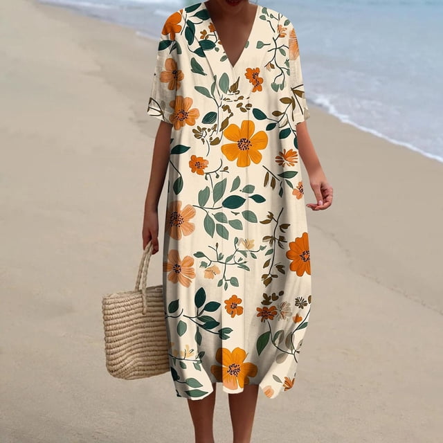 Staron Robes d'Été pour Femmes, Tunique Fluide à Imprimé Floral, Col en V, Robes Midi Décontractées à Manches Courtes, Robe d'Été Ample pour la Plage et les Vacances