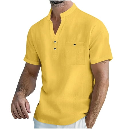 Men T Shirt Mens T Shirts Big and Tall Men s Short Sleeve Shirts Two Button V-Neck Loose Fit Cotton Linen Henley Tshirt Summer Casual Lightweight Sport Tees